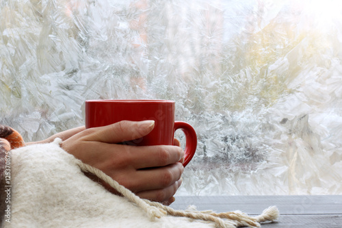  warming drink at home in winter/ big red mug in the hands thrown over with a warm blanket against the window with frost 