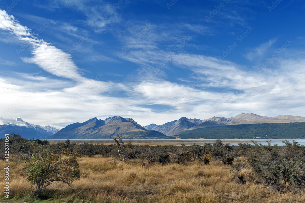 Aoraki / Mount Cook, the highest mountain in New Zealand, and the Tasman River seen from Glentanner Park Centre