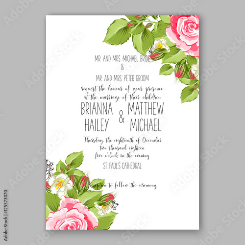 Wedding invitation template design wreath rose Romantic pink rose bridal bouquet 