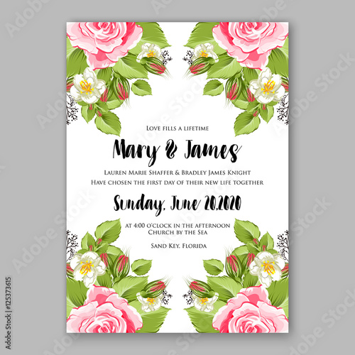Wedding invitation template design wreath rose Romantic pink rose bridal bouquet 
