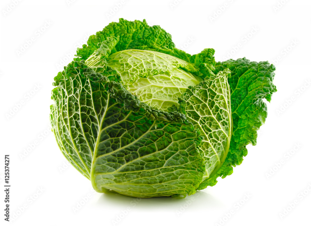 Green Savoy cabbage vegetable isolated on white - obrazy, fototapety, plakaty 