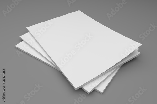 Empty 3D illustration blank stack of magazines on gray.
