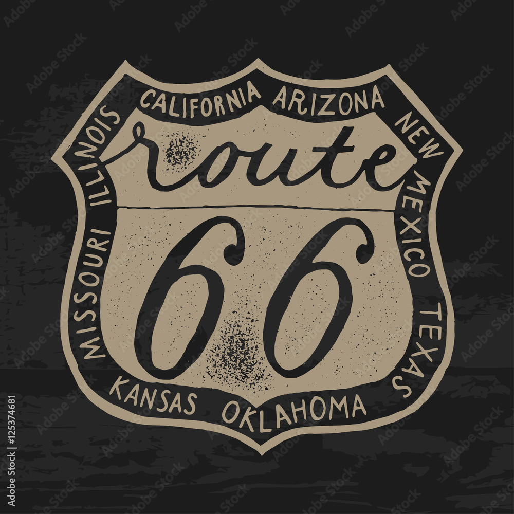 Fototapeta premium route 66 shield rubber stamp travel print. biker print.