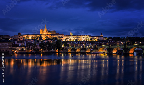 Vltava River, Charles Bridge and Prague Castle at night, Prague,