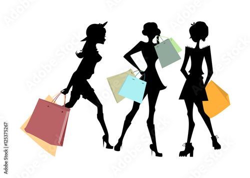 Shopping sillhouettes set. Black sillhouettes of women with colorful shopping bags on white background. Elegant, young and slim women.