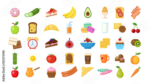 Breakfast icons set on white background. Isolated colorful icons with different breakfast meals like eggs, bananas, bacon, alarm, milk and more.