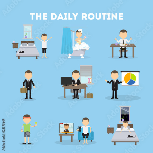 The daily routine. Life schedule of a man from morning till night. Sleep, eating, working and activities.
