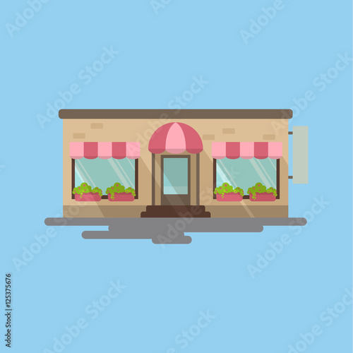Isolated cafe storefront on blue background. Beautiful facade of building with windows, plants and doors. Idea of shops, cafes, restaurants and more.