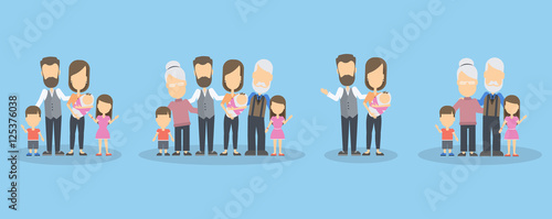 Isolated family set. Parents with grandparents and children. Happy relatioship. Healthy lifestyle.