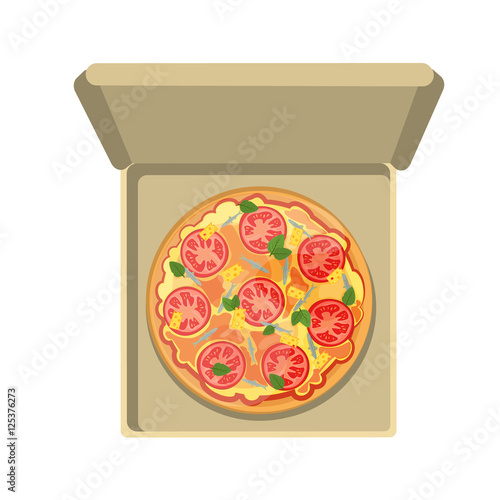 Italian pizza in box. Isolated fresh and tasty italian snack on white background. Pizza with anchovies, tomatoes, ham and cheese.