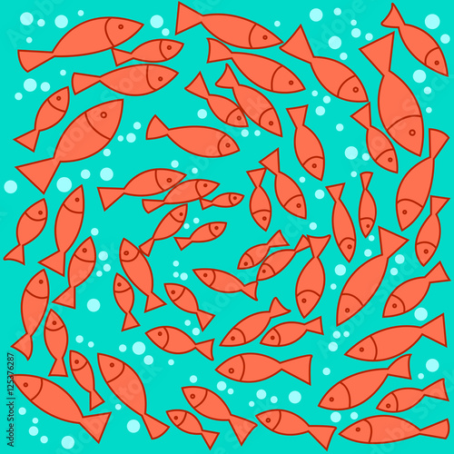Shoal of fish circling in a swirl. A large number of red fish swimming in water. Naive vector illustration