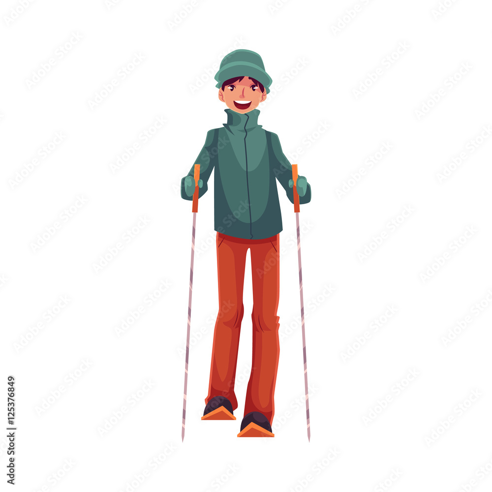 Teen-aged Caucasian boy with ski and poles, cartoon vector illustration isolated on white background. Full height portrait of nice teenage skier, fun winter activity, outdoor leisure time Teen-aged Caucasian boy with ski and poles, cartoon vector illustration isolated on white background. Full height portrait of nice teenage skier, fun winter activity, outdoor leisure time
