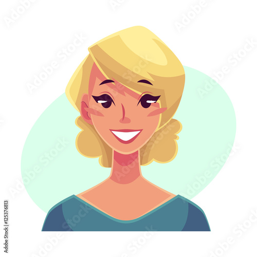 Pretty blond woman, smiling facial expression, cartoon vector illustrations isolated on blue background. Beautiful woman with a wide smile, white teeth. Happy, glad, smiling face expression