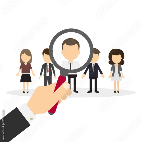 Hiring staff concept. Hand with magnifying glass finding and recruiting new worker.