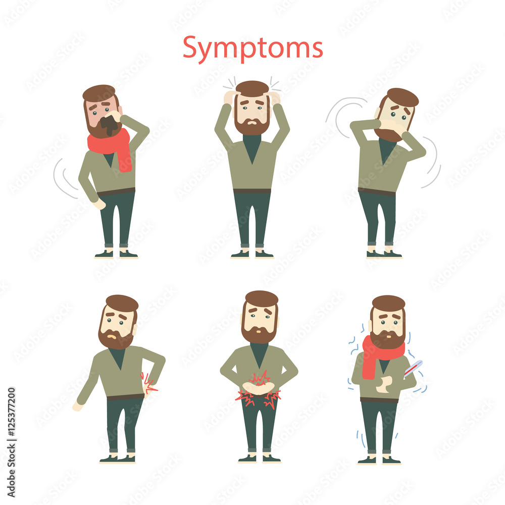 Different symptoms set. Isolated cartoon man showing symptoms of