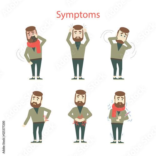 Different symptoms set. Isolated cartoon man showing symptoms of desease or flu. Headache, dizziness, nausea.
