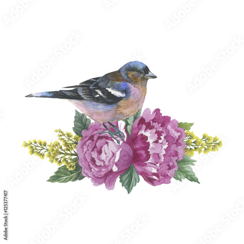 Wildflower rose flower and bird in a watercolor style isolated. © yanushkov
