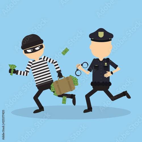 Policeman tries to chase a thief. Funny cartoon character.Concept of heist, crime, hacking and more.