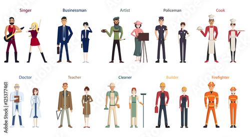 Different professions set. Isolated cartoon characters on white background. All kinds of professional activities as teacher, doctor, firefighter and more.