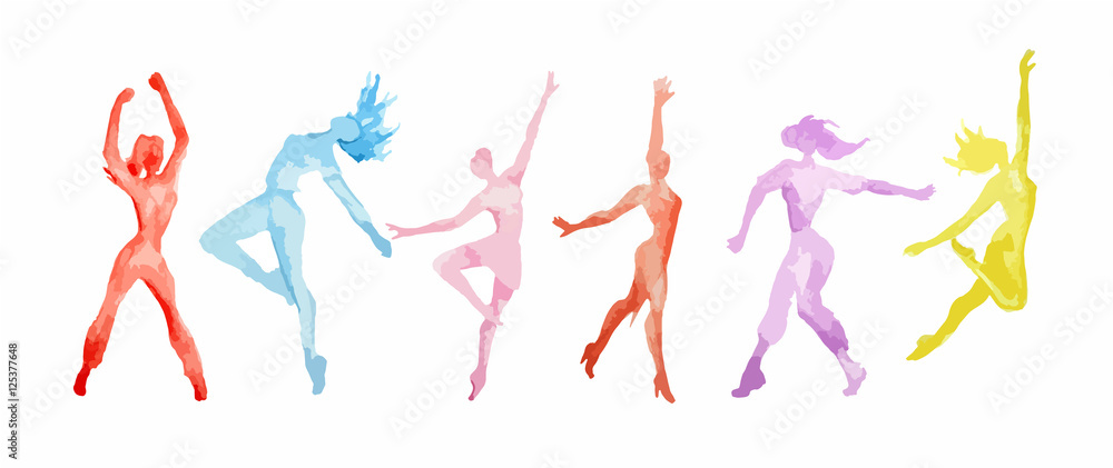 Watercolor dance set on white background. Dance poses. Healthy lifestyle, getting energy.