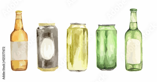 Watercolor beer set. Isolated beer bottles on white background.