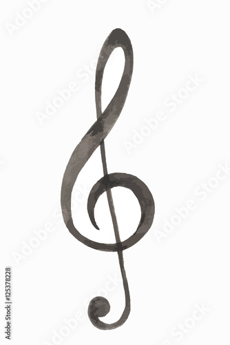 Watercolor treble clef. Isolated musical sign on white background.