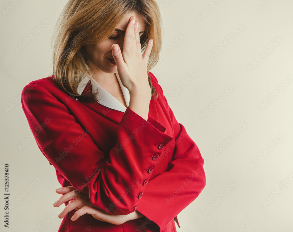 Business concept - lady in red jacket failure Business concept - lady in red jacket failure
