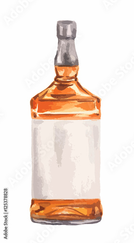Watercolor whiskey bottle on white background. Alcohol beverage. Drink for restaurant or pub.