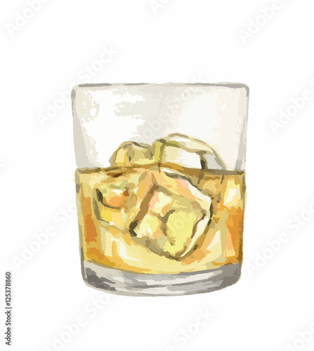 Watercolor whiskey glass with ice cubes on white background. Alcohol beverage. Drink for restaurant or pub.