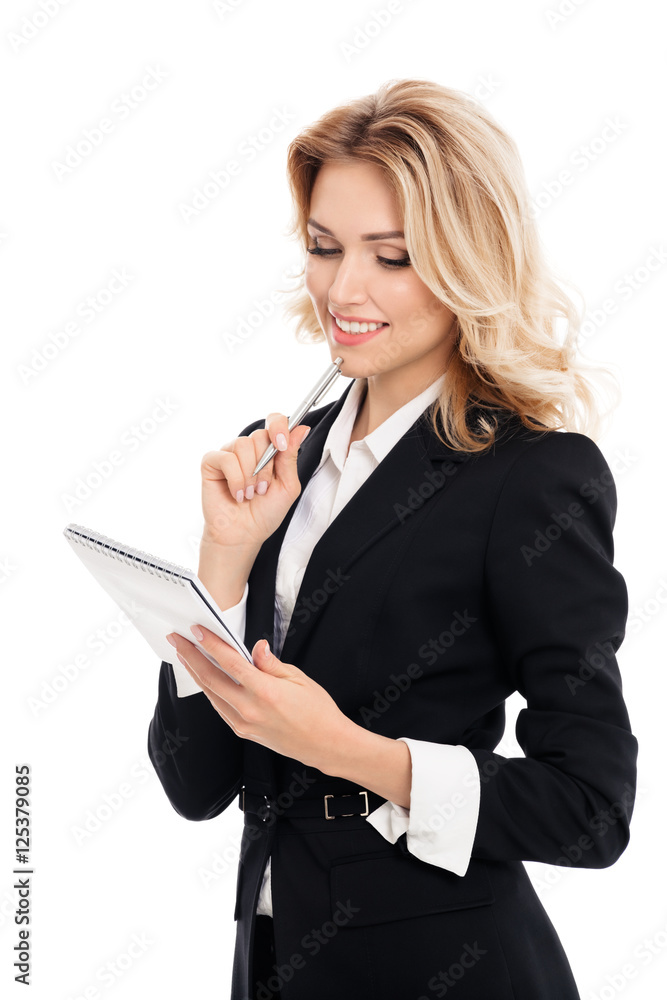 businesswoman with notepad writing, isolated businesswoman with notepad writing, isolated