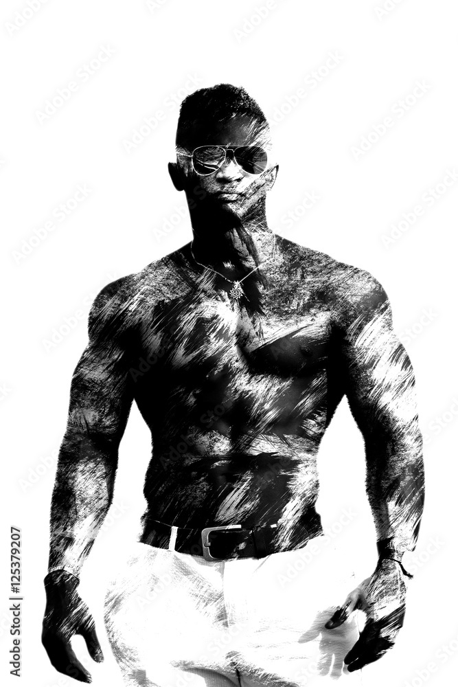 Double exposure black man with a naked torso, without a shirt. Fitness model, muscular body. Isolated on white background. Double exposure black man with a naked torso, without a shirt. Fitness model, muscular body. Isolated on white background.