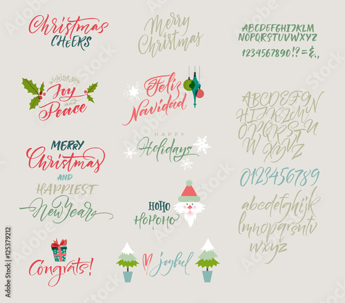 Vector alphabet. Christmas and New Year congrats. Season greetings. Lettering for postcards and greetings to family and friends