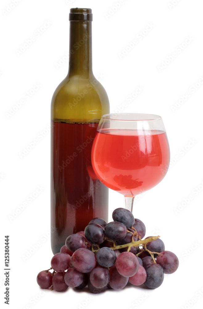 Bottle glass of wine and grapes on white background