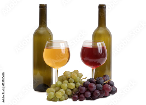 Bottle glass of wine and grapes on white background