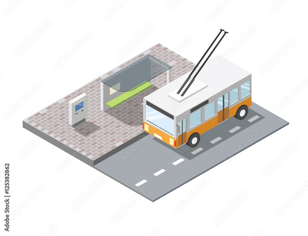 Obraz premium Vector isometric illustration of bus station with ticket sell terminal, city public transport road element, 3d flat design , yellow trolleybus
