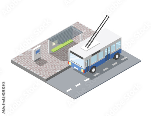 Vector isometric illustration of bus station with ticket sell terminal, city public transport road element, 3d flat design , blue trolleybus