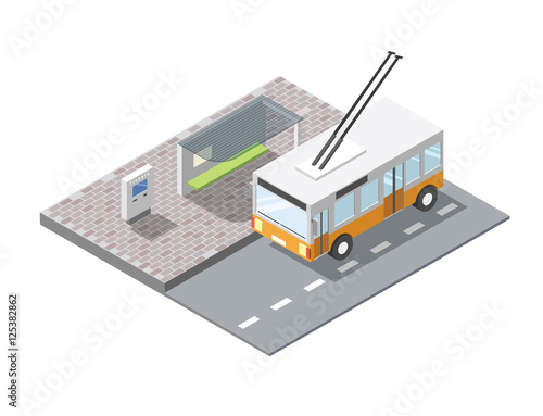 Vector isometric illustration of bus station with ticket sell terminal, city public transport road element, 3d flat design , yellow trolleybus