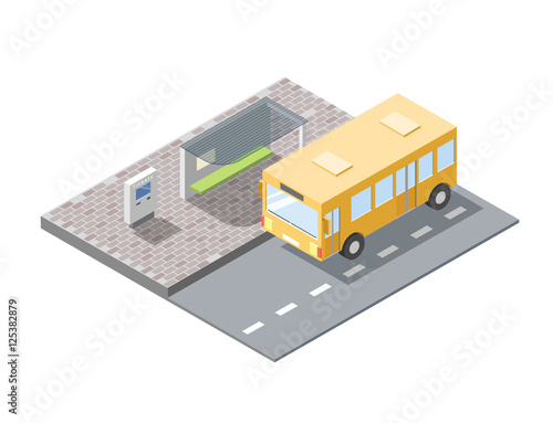 Vector isometric illustration of bus station with ticket sell terminal, city public transport road element, 3d flat design, school bus icon