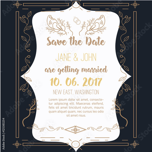 Printable Save the date with geometricgold frame in linear style. element for design with leaves, tree and birds. photo