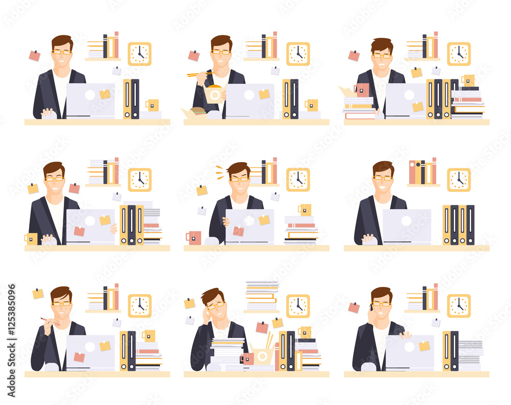Male Office Worker In His Cubicle Working Set Of Illustrations Male Office Worker In His Cubicle Working Set Of Illustrations