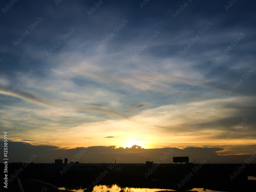 Silhouette of sunset from Hometown in thailand. Downtown landscape.