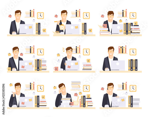 Male Office Worker In His Cubicle Working Set Of Illustrations