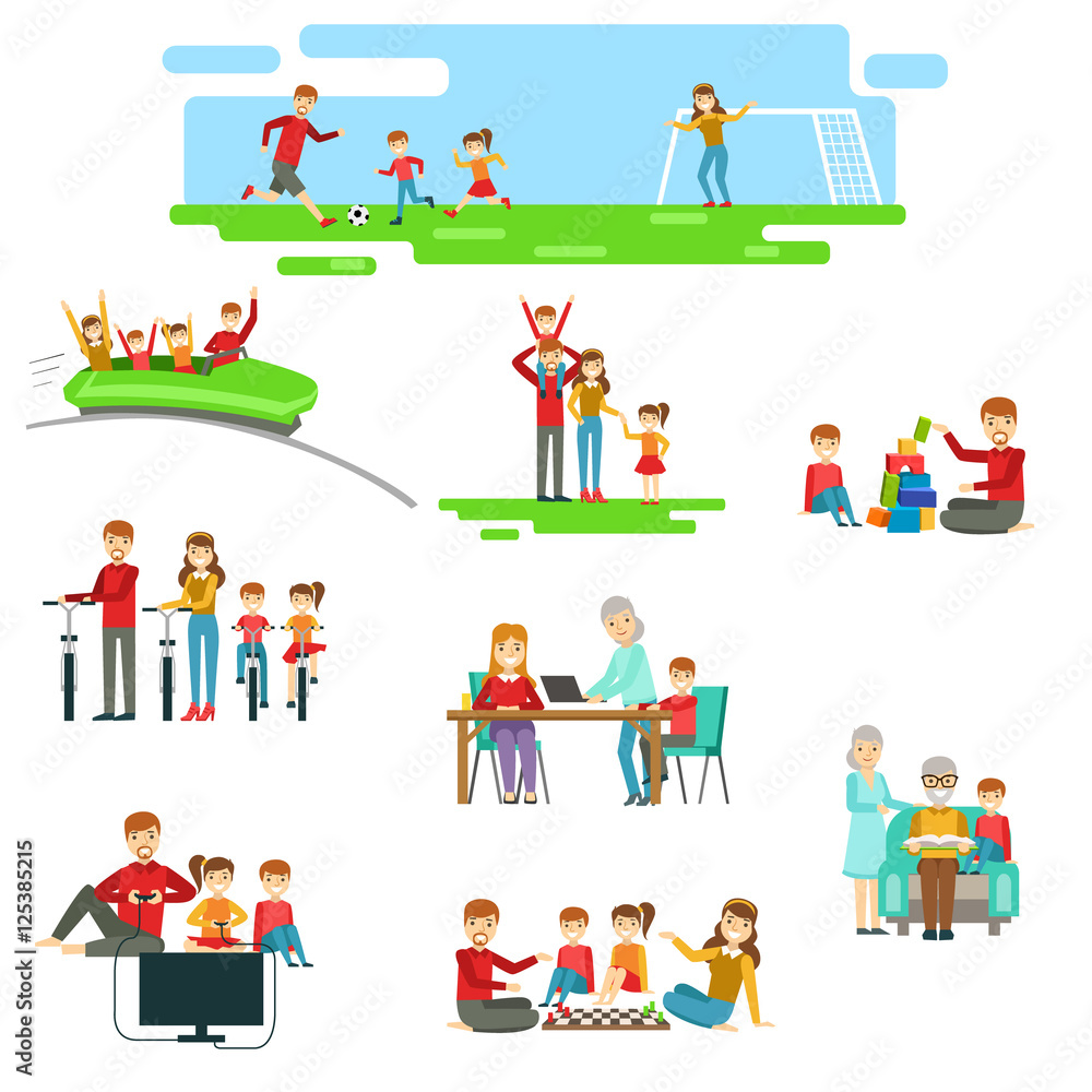 Happy Family Having Fun Together Set Of Illustrations Happy Family Having Fun Together Set Of Illustrations