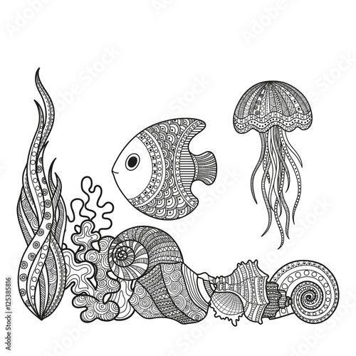 set of marine life fish