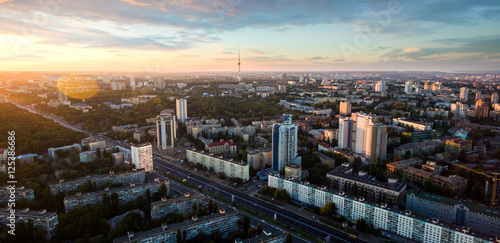 Aerial view of Kiev city. Ukraine at sunset. Outdoor.