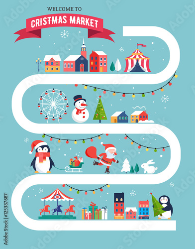 Christmas village map, winter town, Christmas market, Xmas fair, Christmas poster. Merry Christmas background