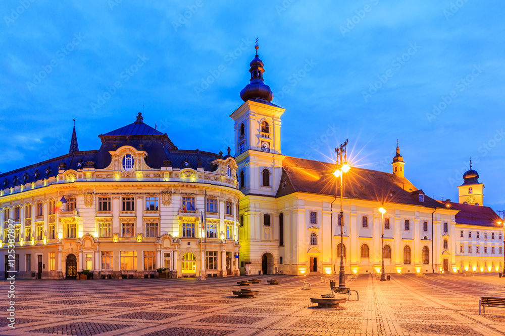 Sibiu, Romania. Large Square and City Hall.