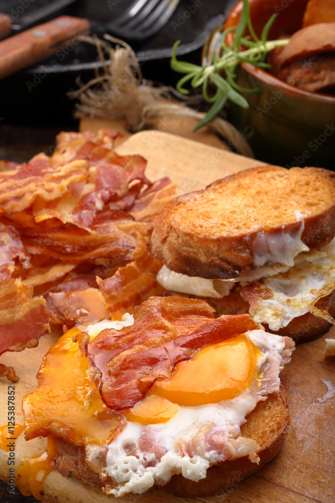 Toasts with fried egg and hot bacon pieces