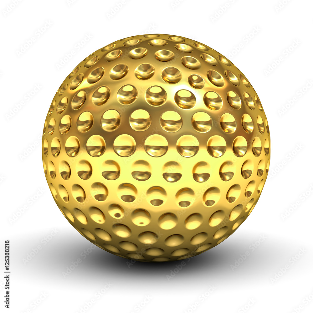 Gold golf ball isolated over white background with reflection and shadow 3D rendering Gold golf ball isolated over white background with reflection and shadow 3D rendering