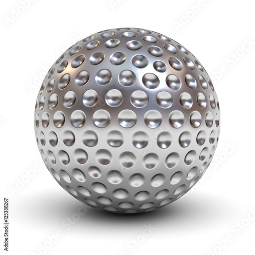 Metal golf ball isolated over white background with reflection and shadow 3D rendering